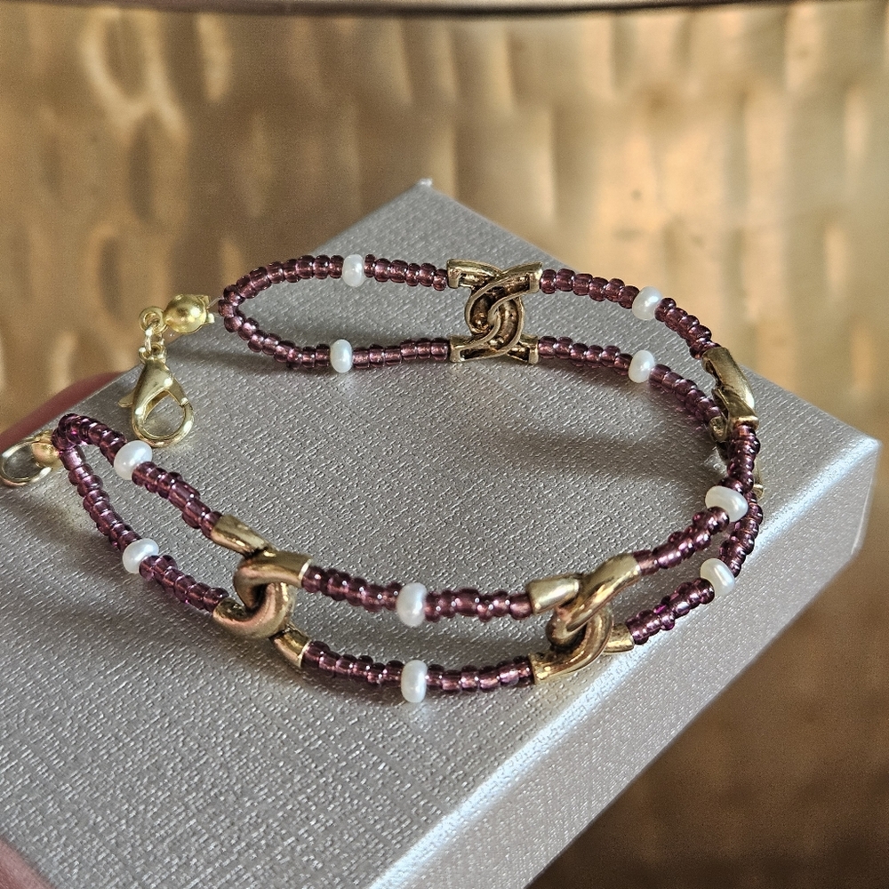 Twisted Brass and Pearl Beaded Bracelet